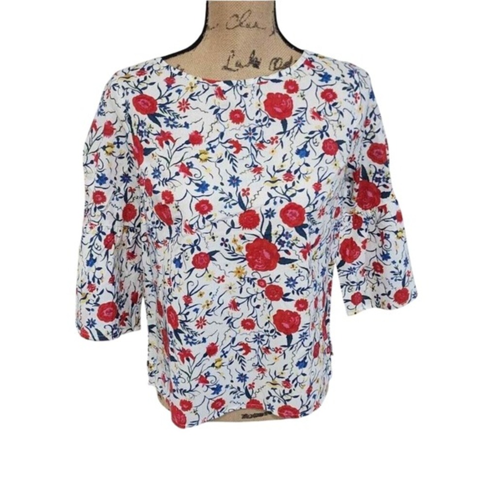 J. Crew Floral Print Top Red Blue‎ White 3/4 Sleeve Blouse Casual Everyday
